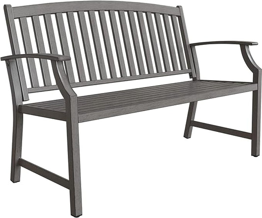 Grand patio 52" Farmhouse Outdoor Bench, Garden Benches with Rust Free Metal Powder Coated Frame and Aluminum Backrest, Faux Wood Grain Finish Frame Patio Bench for Front Porch, Weathered Grey