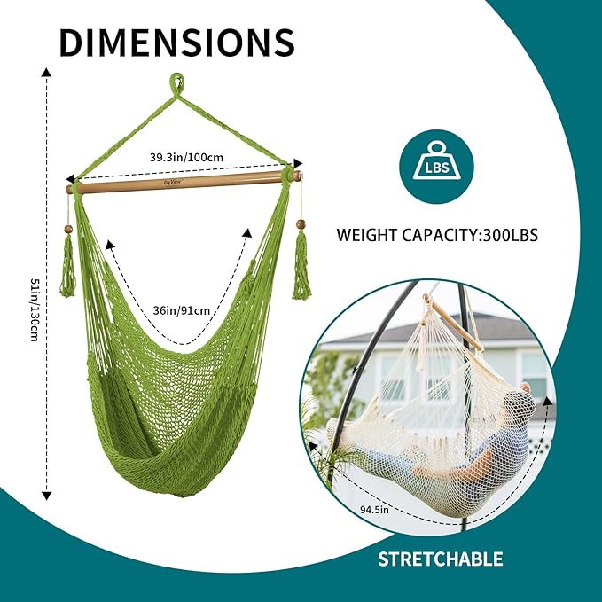 JoyView Hammock Chair with Spreader Bar Caribbean Hammock Swing Chair 300 LBS Weight Capacity XL Rope Hanging Chair for Outdoor Indoor Garden Yard - Light Green