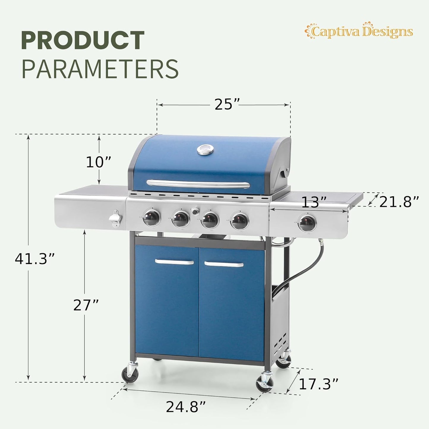Captiva Designs 4-Burner Propane Gas BBQ Grill with Side Burner & Porcelain-Enameled Cast Iron Grates, 42,000 BTU Output Barbeque Grill for Outdoor Cooking Kitchen and Patio Backyard Barbecue, Blue