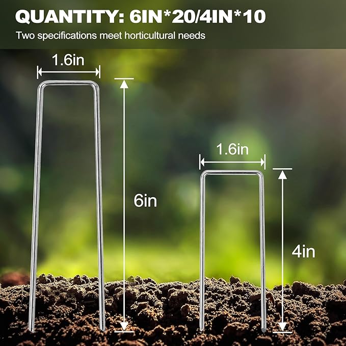 30 Pcs Galvanized Landscape Staples Metal Garden Stakes Heavy Duty for Ground Cover, U-Shaped Pins Yard Stakes Weed Barrier Fabric, Garden Hose, Drip Irrigation, 1.6 inch*(6+4 inch)