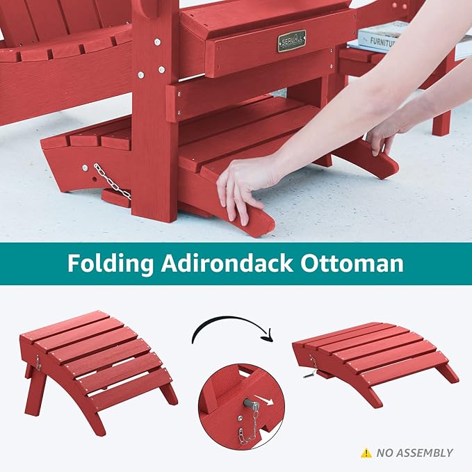 SERWALL Folding Adirondack Chair Footstools Set of 2, Adirondack Ottomans Without Assembly, Red