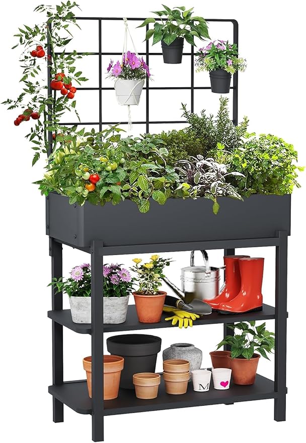 Metal Raised Garden Bed with Trellis, Elevated Planter Box with Legs for Outdoor Patio, Iron Standing Garden Box for Vegetables, Herbs, Flowers, Climbing Plants
