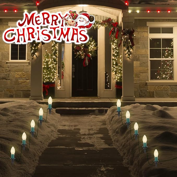C9 Christmas Pathway Lights, 38FT C9 Christmas Pathway String Lights with 25 Clear LED Light Bulbs and Stakes for Outdoor Walkway Driveway Backyard Christmas Decorations