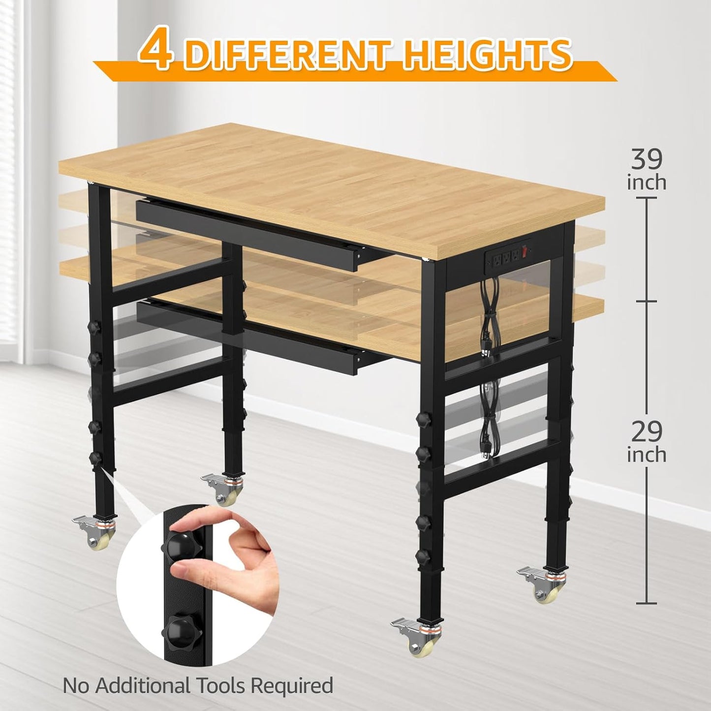 48" Adjustable Workbench,Heavy-Duty Work Table,3000 LBS Load Capacity Particleboard Hardwood Workstation Outlets with Power Strips, Drawers and Wheels,for Workshop, Garage