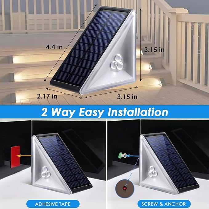 Solar Step Lights Outdoor Waterproof IP67, 12 Pack Solar Powered Stair Light with 3 LEDs, Triangle Solar Deck Light for Outside Garden Patio Yard Porch Front Door, Warm White