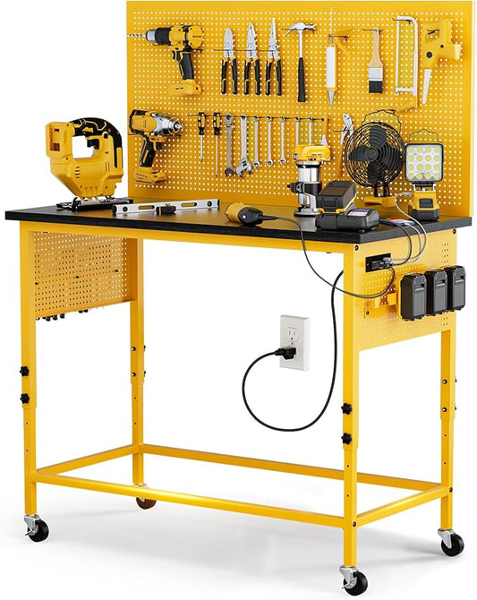 47" Heavy Duty Adjustable Workbench with Power Outlets, Pegboard & Locking Wheels - 2100LB Capacity Garage Work Table, Compatible with DeWalt Battery, Reinforced Steel Frame for Workshop & Home Use