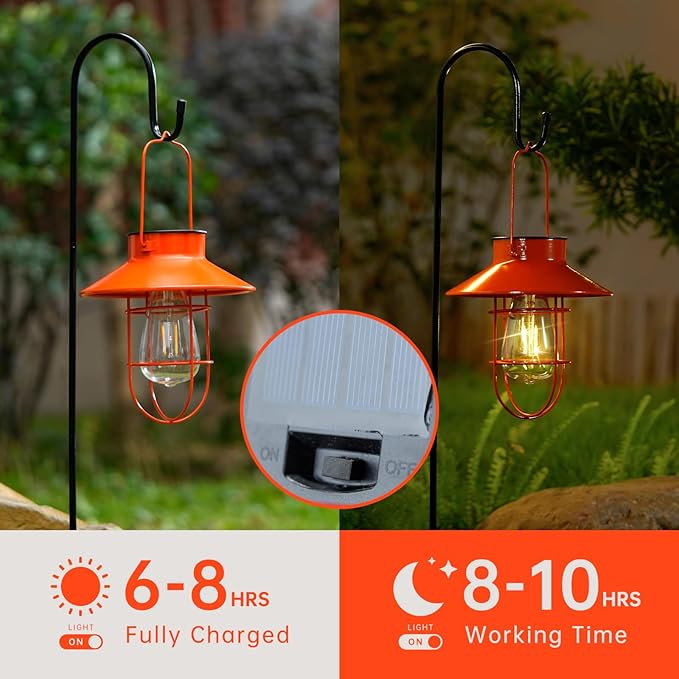 Solar Lights Lantern Lamp with Shepherd Hook, Solar Metal Lanterns, Outdoor Lights Decor,Edison Bulb Lights for Garden ,Outside Decor for Pathways,Patio, Lawn, or Landscaping (Orang)