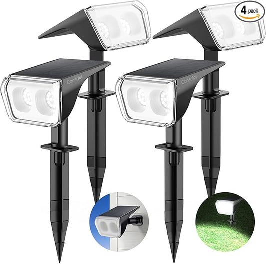 Consciot Solar Spot Lights Outdoor Waterproof, 24 LED Dusk-to-Dawn Solar Outdoor Lights, 2 in 1 Adjustable Wall Lights, Daylight Solar Landscape Spotlights for Garden Yard Wall Walkway, 4 Pack