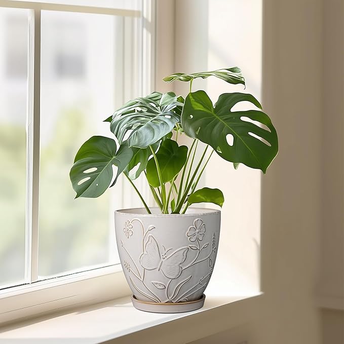 8 Inch Ceramic Pots for Plants Large Planter Pot with Drainage Hole and Saucer Round Flower Pot for Indoor Outdoor Decor, White