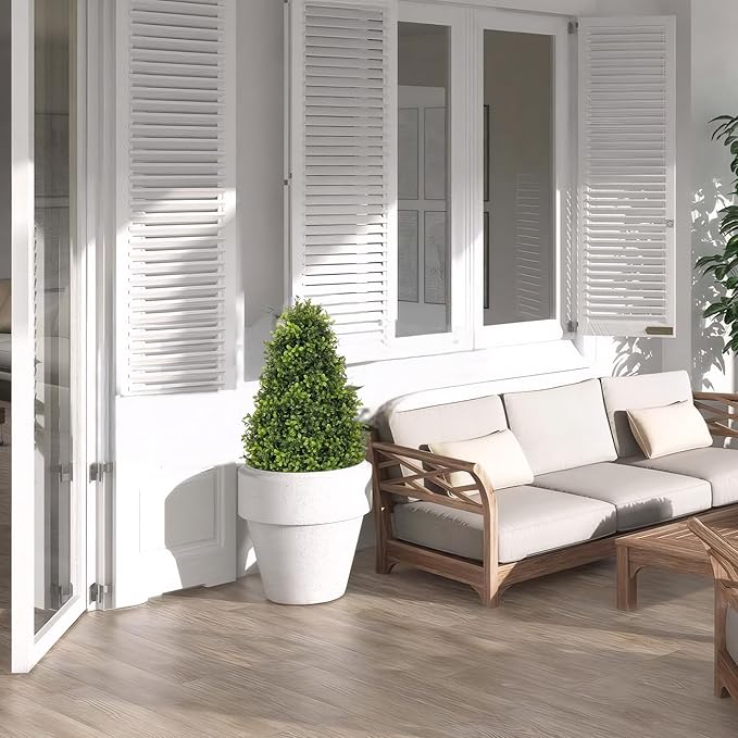 30" Artificial Boxwood Faux Plants Outdoor, UV Resistant Topiary Trees Realistic Cone-Shaped Fake Bushes and Shrubs Potted Fakeplants Set of 2 for Front Porch Patio Outside Planter Decor