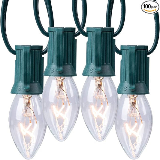 C9 Clear Christmas String Light Set, 100 Feet Vintage Christmas Tree Lights, Outdoor Roofline String Lights with 100 Clear Bulbs for Patio Garden Holiday Indoor Home Decorating, Not Connectable