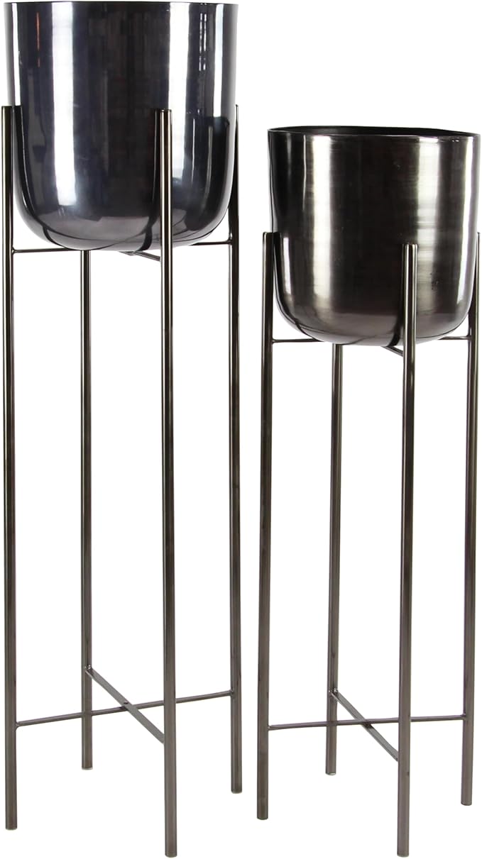 CosmoLiving by Cosmopolitan Metal Indoor Outdoor Planter Dome Large Planter Pot with Removable Stand, Set of 2 Planters 39", 46"H, Black