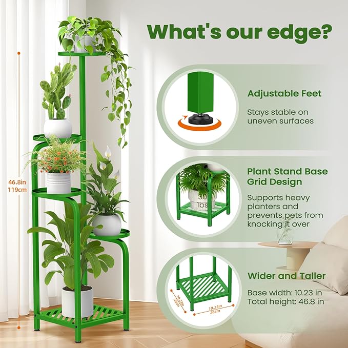 TOSKING 5 Tier Tall Plant Stand Indoor Outdoor, Heavy Duty Corner Shelf for Plants & Decor, Space Saving 3.9FT Metal Flower Pot Stand for Balcony, Garden, Living Room, Patio (Green)