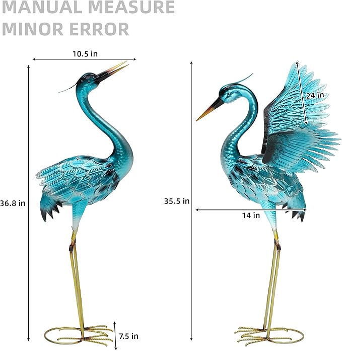 36.75" Metal Crane Garden Statue - Handmade Oversize Heron Sculptures with Stable Ground Stakes, Backyard Large Bird Decoration, Metal Garden Art.