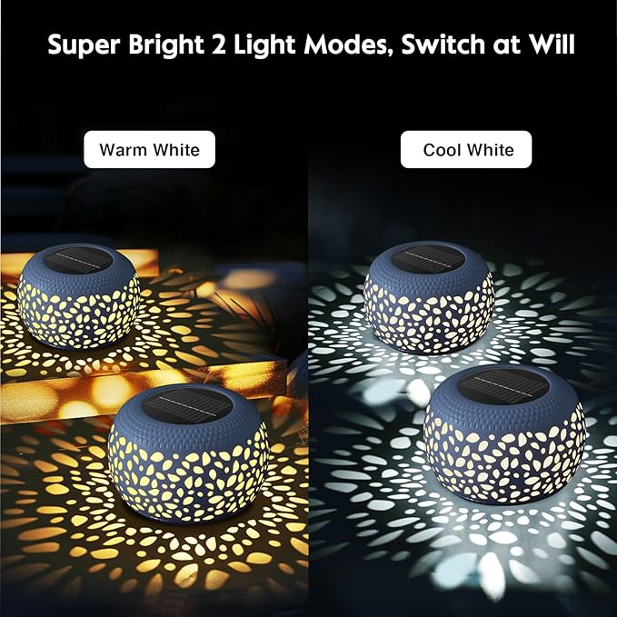 Solar Lanterns Outdoor Waterproof: 2 Pack White Hollow Out Metal Solar Lights - 2 Lighting Colors Outside Garden Yard Porch Indoor Tabletop Retro Decorations - Unique Gifts for Women Mom Wife