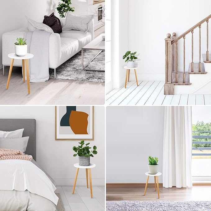 Uneedem Wood Mid Century Plant Stand for Indoor Plants, Modern Table, Tall Holder for Flower Pots, Small Round Side/End Table(A2 White, High: 16.5")