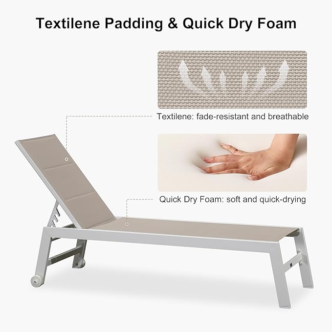 PURPLE LEAF Outdoor Chaise Lounge Set Oversize Adjustable Sunbathing Recliner Extra Wide Lounge Chairs with Side Table for Poolside Beach Outside Patio Aluminum Chaise Lounger Khaki