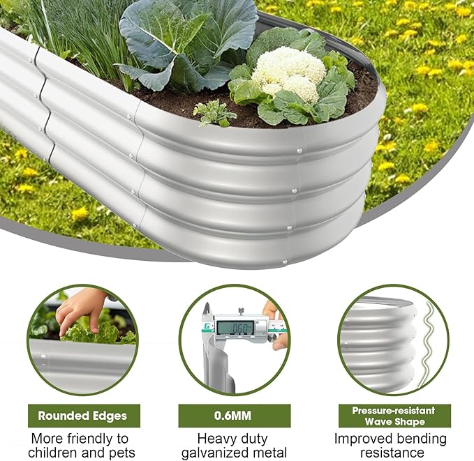 4x2x1ft Oval Galvanized Raised Garden Bed Outdoor 9-in-1 Large Metal Modular Planter Box Raised Beds for Gardening,Vegetables,Fruits,Flowers & Herbs (Silver)