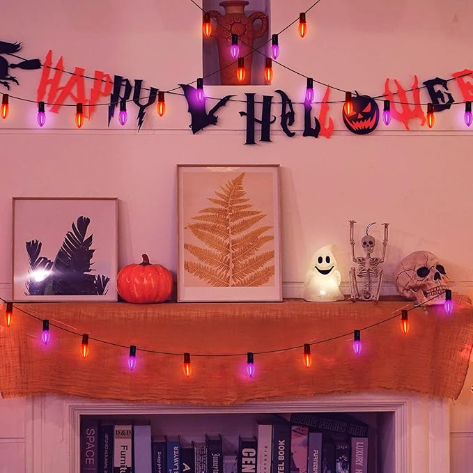 C9 LED Halloween Pathway Lights,10Pcs C9 Orange & Dark Purple Light Bulbs Stake Lights with 10 Stakes, Connectable Outdoor Pathway Markers Lights for Halloween Holiday Walkway Party Driveway Decor