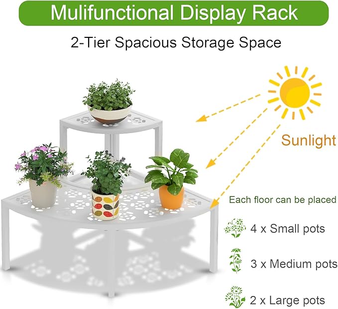 aboxoo 2 Tier Plant Stand Flower Pot Rack for Patio,Heavy Duty Metal Stair-Step Style Corner Shelf Planters, Quarter Round Display Holder for Indoor Outdoor Use(White, Semicircle)