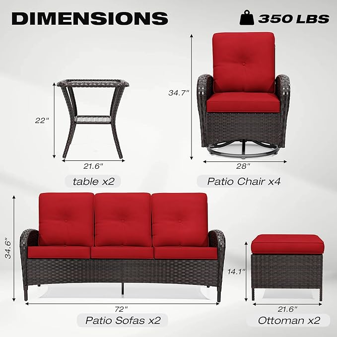 Joyside 10 Piece Patio Furniture Set, Outdoor Wicker Conversation Sets with Swivel Rocker Chairs and Sofa, Thick Cushion, Rattan Patio Sectional for Porch, Deck Use (Brown/Red, 10 PCS)