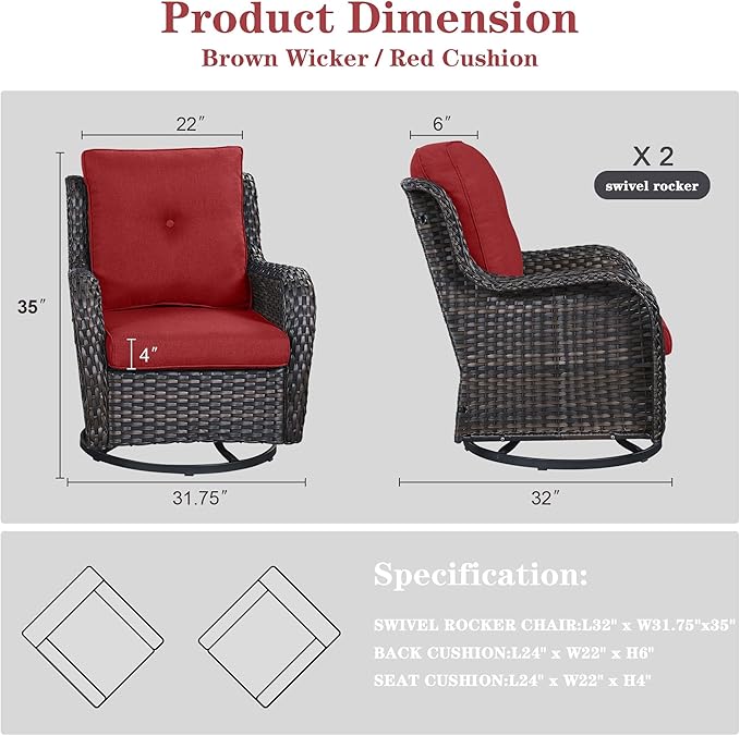 Outdoor Swivel Rocker Patio Chairs - 360 Degree Swivel Glider Seating Wicker Rocking Chairs Set of 2 with High Back Deep Seat for Porch Balcony Deck, Brown/Red