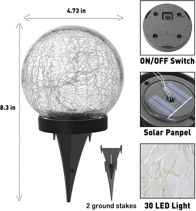 Solar Lights Outdoor Garden Decorative - 2 Pack Solar Globe Lights Upgrade Waterproof with 30 LEDs Cracked Glass Ball Lights for Yard Patio Pathway Lawn Outside Decor (4.73") Warm White