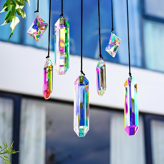 HDCRYSTALGIFTS Set 7 Crystal Sun Catcher Prisms, AB Colored Suncatcher Crystals Window Indoor Hanging Christmas Ornaments Rainbow Maker Prisms for Home Garden Decor