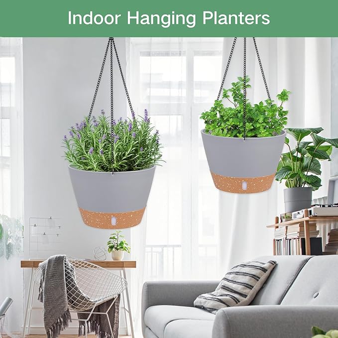 QCQHDU 2 Pack 10 inch Hanging Planters for Indoor Plants, Outdoor Hanging Baskets, Self Watering Pots with Drainage Holes & Removable Tray (Light Grey, 10 inch)