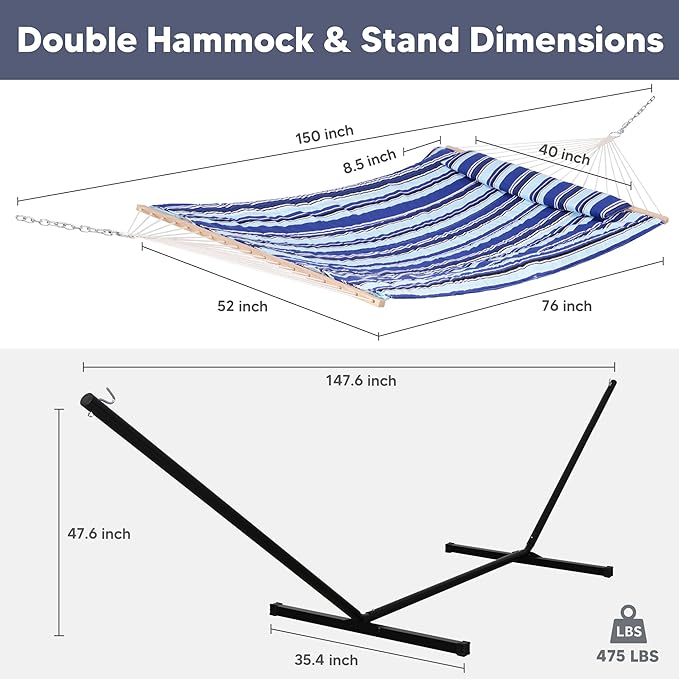 SUNCREAT Double Hammock with Stand, Two Person Cotton Rope Hammock, Blue Stripe