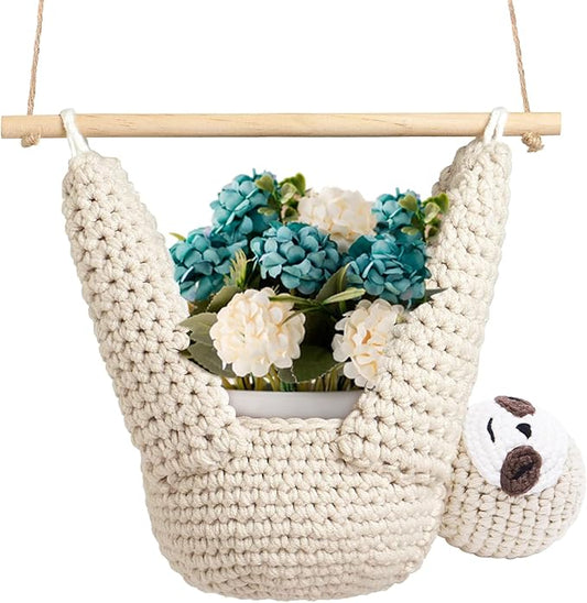 Macrame Plant Hanger Crochet Sloth Hanging Planter Sloth Gifts,5 Inch Animal Wall Hanging Plant Holder for Plant Sloth Lovers, Home Decor Indoor Outdoor Plants Succulent Gifts