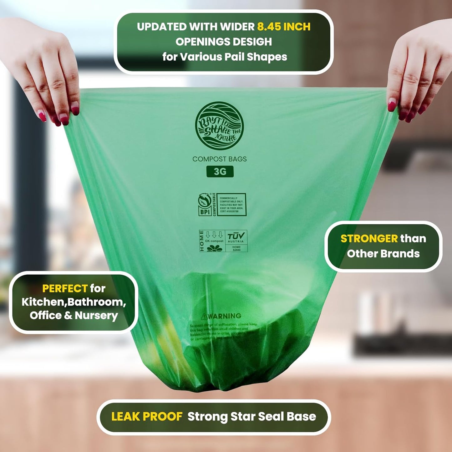 Compost Bags 3 Gallon Extra Thick Compost Bags for Countertop Bin,150counts,Compostable Liner Bags,Small Kitchen Food Scrap Waste Bags,Certified by BPI,ASTM D6400 and OK compost HOME certified