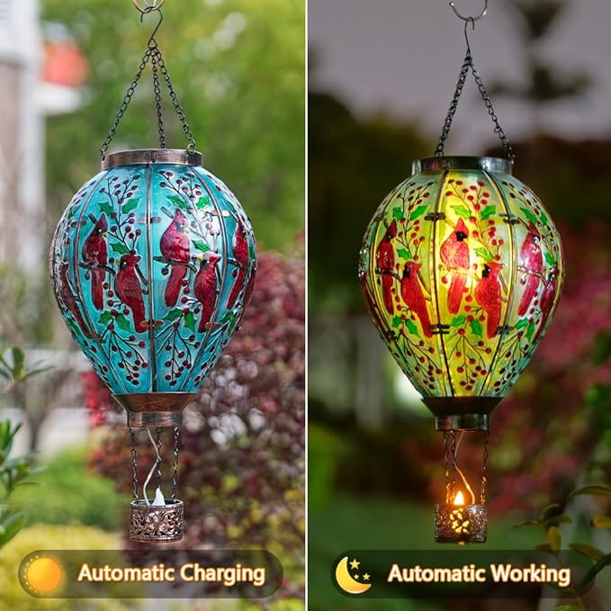 DREAMSOUL Cardinal Large Solar Hot Air Balloon Lantern with Flame, Glass Hanging Solar Lanterns Outdoor Waterproof for Garden Yard Patio Decor