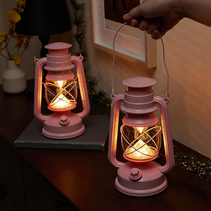 Furora LIGHTING Pink LED Lantern Pack of 2 with 6/18 Timer, 9.5" Inch Flameless Flickering Lantern Candle, Indoor Vintage and Outdoor Patio Hanging Tabletop, Battery Included