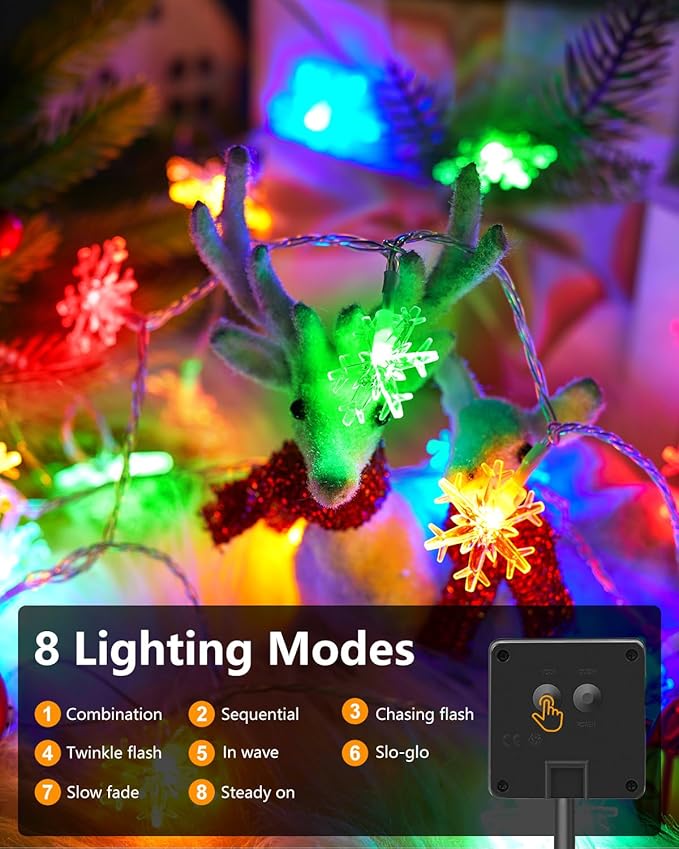 Brightown Solar Christmas Snowflake String Lights, 72FT 200 LED Outdoor Waterproof Fairy Lights with 8 Lighting Modes for Wedding, Party, Tree, Room, Garden, Patio, Yard, Home, Muliticolor