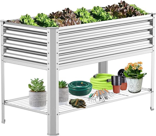 Raised Garden Bed with Legs, Galvanized Raised Planter Box with Storage Shelf and Drainage Holes, 48×24×32 Inch Large Metal Garden Bed Kit for Balcony, Backyard, Patio Lasts for Years of Use.