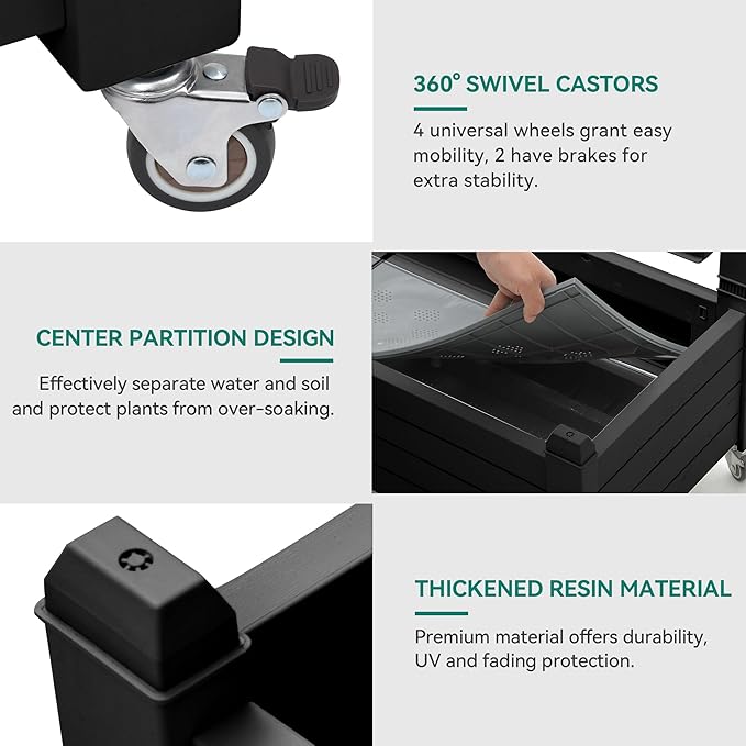 YITAHOME 43.3x17.7x61 in Planter Trellis Box with Wheels & Drain Plug, Outdoor Resin Raised Garden Bed for Climbing Plants, Large Weather-Resistant Design, Black