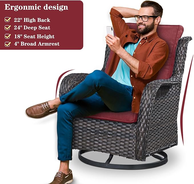 5 Piece Outdoor Patio Furniture Set - Wicker Furniture Patio Conversation Set, Outdoor Swivel Rocker Chairs with 3-Seater Sofa and 2 Ottomans for Small Space, Red Cushion