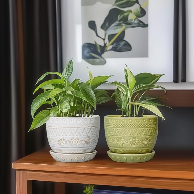 G EPGardening Indoor Plant Pot 5.5 Inch - Ceramic Planter with Drainage Hole and Saucer, Round Boho Plant Pot for Indoor Plants, Plant Lover Gifts, Home Garden Office Decor, Green