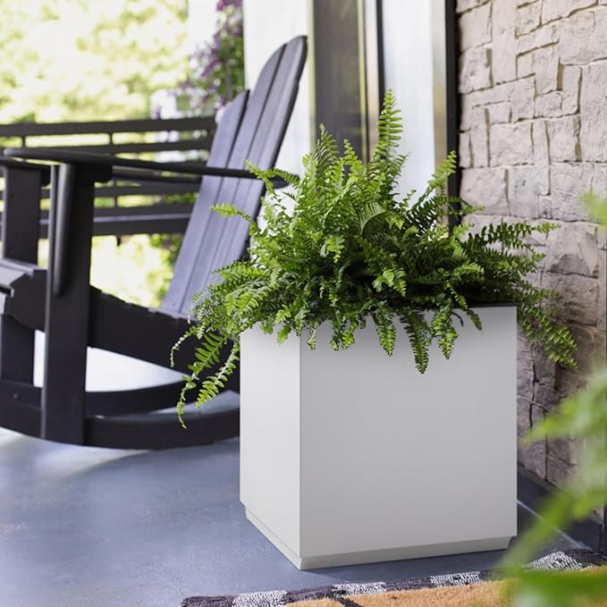 Metallic Heavy Cube Square Planter, No Assembly Required, Seamless Large Outdoor Planter, Tall Plants and Flowers 17'Lx17'Wx20'H 24lbs White