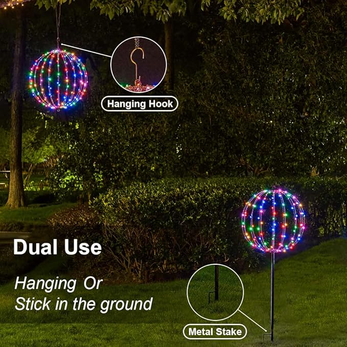 Christmas Ball Sphere 16IN 128LED Hanging Tree Light and Pathway Lights - Foldable Metal Frame, White, RGB