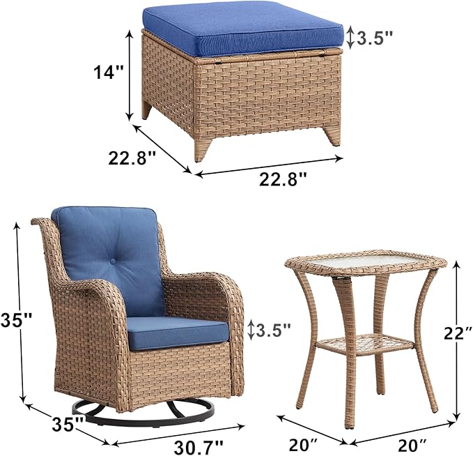 Outdoor Wicker Patio Furniture Set - 5 Pieces Rattan Patio Conversation Set with 2 Rocking Swivel Chairs,2 Ottomans and 1 Side Table for Porch Deck Backyard Garden(Yellow/Blue)
