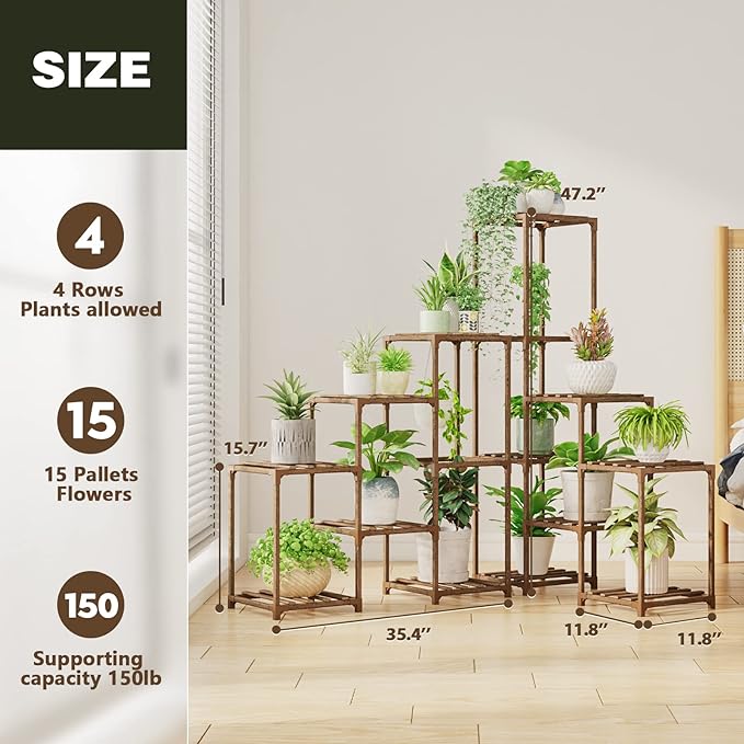 Bamworld Plant Stand Indoor Corner Plant Shelf Outdoor Flower Shelves Wooden Plant Stands Garden Wood Plant Holder Rack for Living Room Corner Lawn Window 03B