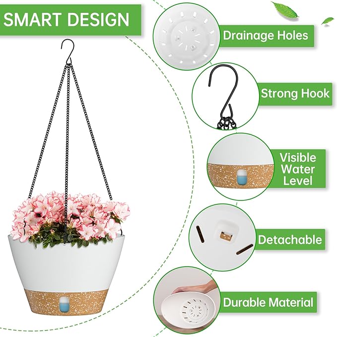 ZMTECH Hanging Planters for Indoor Plants Set of 2 Self Watering Hanging Pots Hanging Baskets Hanging Flower Pots for Outdoor Hanging Plants(8 Inch, White)