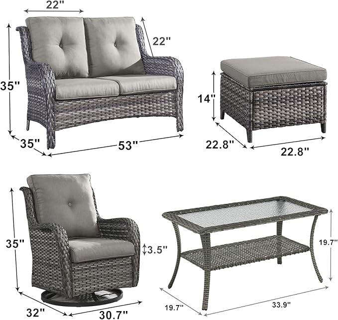 Outdoor Wicker Patio Furniture Set - 6 Piece Rattan Patio Conversation Set with 2 Rocking Swivel Chairs,2 Ottomans,1 Loveseat and 1 Coffee Table for Porch Deck Backyard Garden(Mixed Grey/Grey)