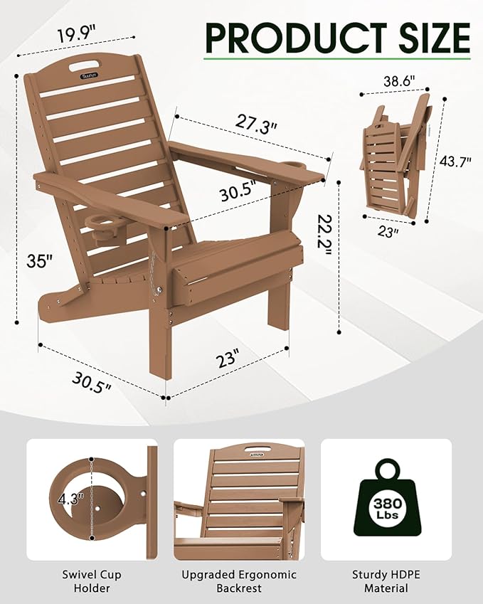 Folding Adirondack Chair HDPE All-Weather Adirondack Chairs with Cup Holder, Outdoor Fire Pit Chairs Lawn Chair for Deck Patio Garden (Teak)