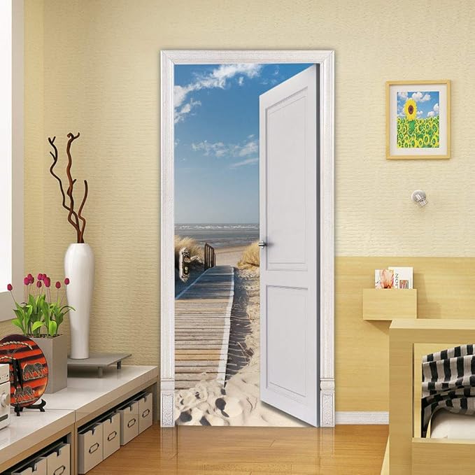 3D Door Stickers Murals Peel and Stick - Outer Beach Road - Door Wallpaper Self-Adhesive Door Decals Removable PVC Waterproof Door Poster for Bedroom Living Room Door Decoration 37.4" x 82.7"