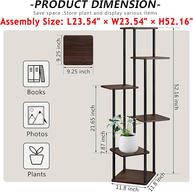 AZERPIAN Plant Stand 6 Tier Indoor Metal Flower Shelf for Multiple Plants Corner Tall Flower Holders for Patio Garden Living Room Balcony Bedroom, Black Oak