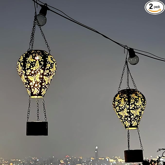 2-Pack Butterfly Decor Hot Air Balloon Solar Lantern – Outside Decorative Hanging Light for Garden Yard Patio Porch Lawn and Pathway – Unique Housewarming, Birthday Gift for Women Mom Grandma