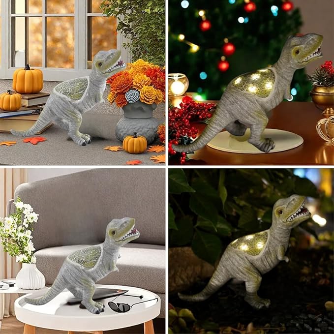 Solar Powered Lifelike Dinosaur Garden Statue Hand-Made Glass Craftsmanship Resin Outdoor Tyrannosaurus Figurine Light Decoration Home Decor Lawn Yard Patio Porch Ornament Gift